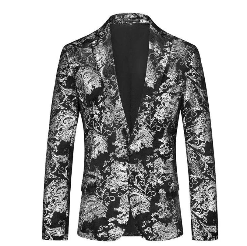 New Men Luxury Velvet Suit Foil Stamped Printed Jacket , Fashion Male Business Social Wedding Prom Party Dress Slim Fit Blazers