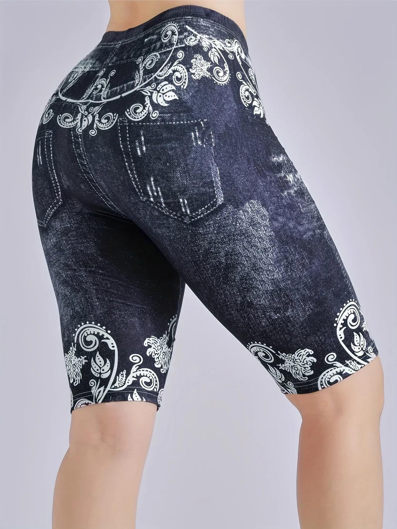 Lmitation Denim Leggings For Women Butterfly Waist Fruit Flower Elastic Shorts High Waist Casual