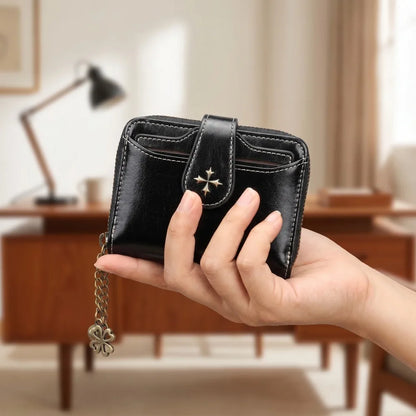 Blocking Oil Wax Leather Women Mini Wallet Multi Card Clover Zipper Coin Purse Portable Ladies Purse Office Travel Daily