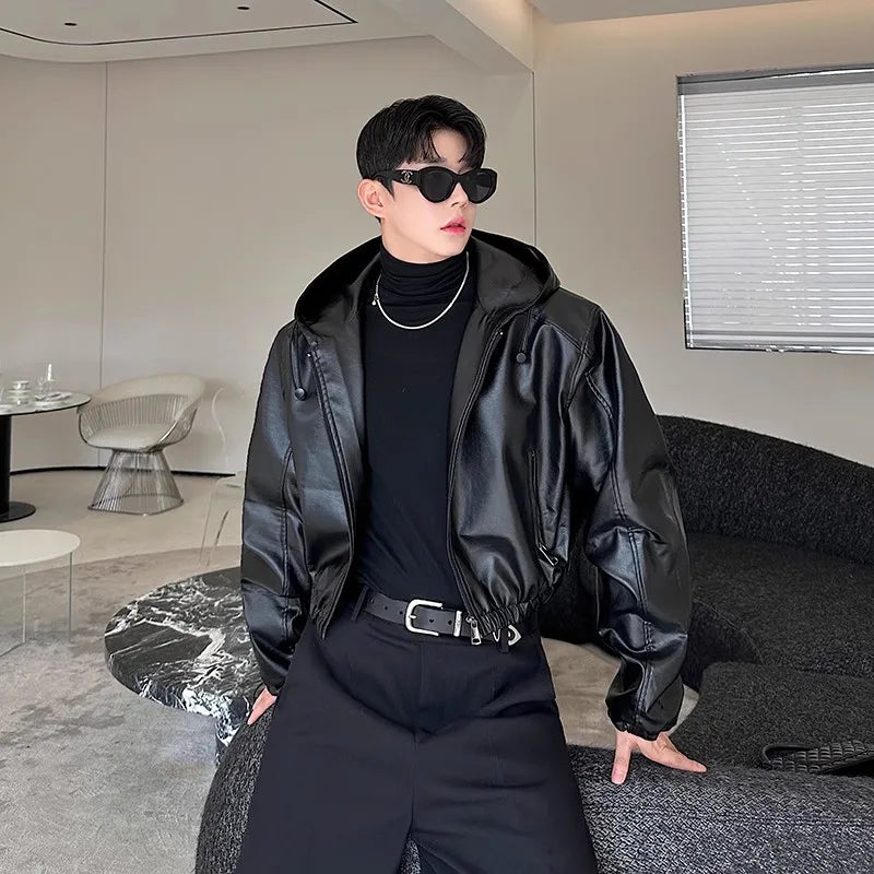 Spring Autumn Short Waterproof Black Pu Leather Jacket Men Hood Zipper High Waist Loose Casual Korean Fashion 2025