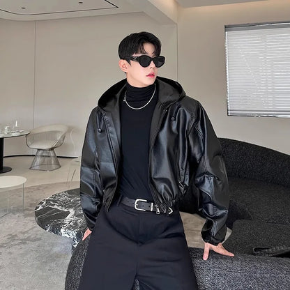 Spring Autumn Short Waterproof Black Pu Leather Jacket Men Hood Zipper High Waist Loose Casual Korean Fashion 2025