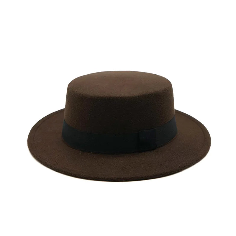 Black Ribbon Flat Top Hat British Retro Style Unisex Wool Fedora Winter Warm Hat
