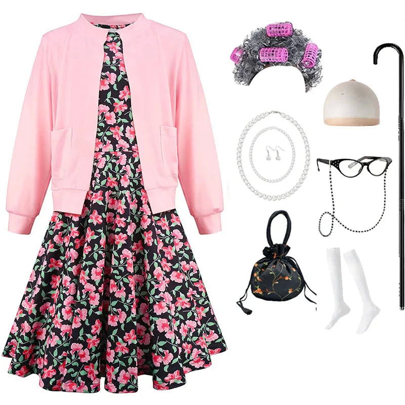 Baby Girl Celebrating 100th School Days Funny Cosplay Costumes Dress Granny Girl Cosplay Floral Old Lady Dress Up With Cane