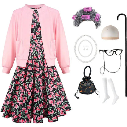Baby Girl Celebrating 100th School Days Funny Cosplay Costumes Dress Granny Girl Cosplay Floral Old Lady Dress Up With Cane