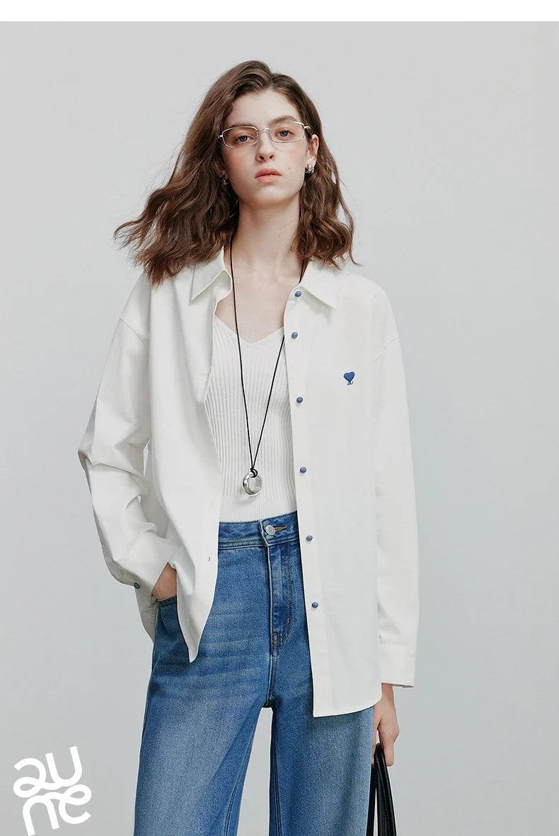 Women Blouse Shirt 2025 Spring New Love Embroidered Simple and Versatile Solid Color Pure Cotton Shirt Tops