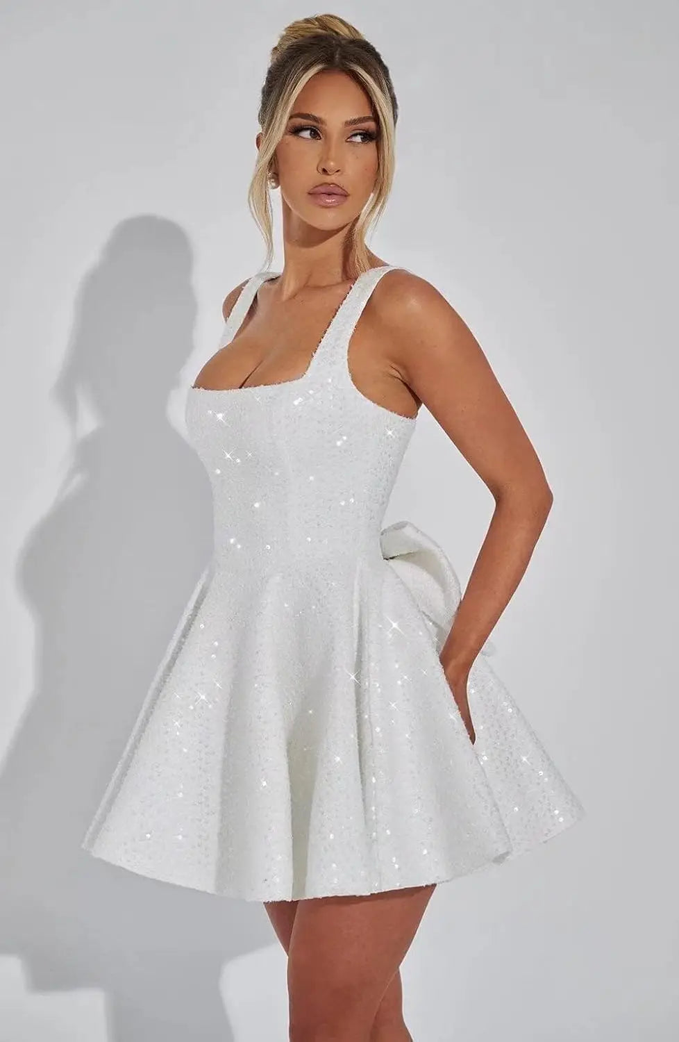Square Collar Sequin Back To School Dress Spaghetti Strap Cocktail Gown Bow, Backless Elegant Princess Birthday Party Dance Gown