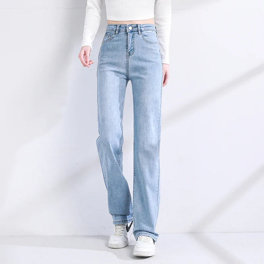 Jeans Women Straight Cotton High Waist Denim Pants Solid Color Black Blue Stretch Urban Fashion Vintage Baggy Trousers