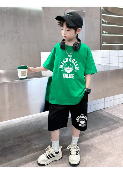 Summer Boys Cotton Leisure Print T-Shirt Top+Shorts Pant Contrast Set School Kids 2PCS Tracksuit Children Vacation Outfit 5-16Yr