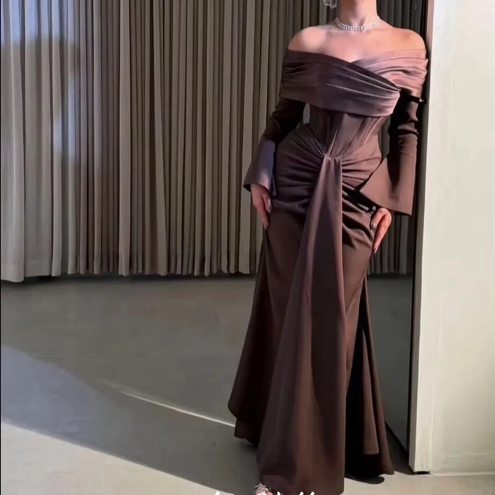 Brown Off the Shoulder Prom Dresses 2026 Long Sleeve Corset Mermaid Pleated Backless Lace-up Wedding Party Dress Customized