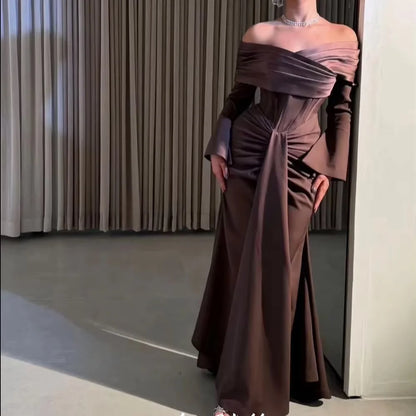 Brown Off the Shoulder Prom Dresses 2026 Long Sleeve Corset Mermaid Pleated Backless Lace-up Wedding Party Dress Customized