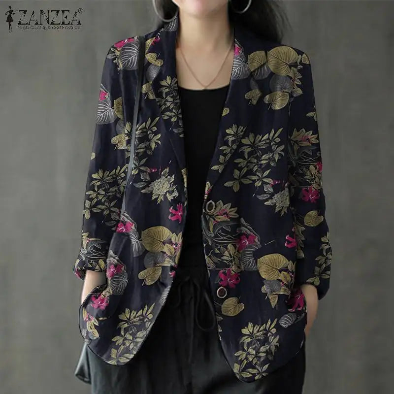 Women Cotton Blazer Vintage Lapel Neck Long Sleeve Thin Coats Autumn Elegant Work Suit Retro Floral Printed Loose Outwear