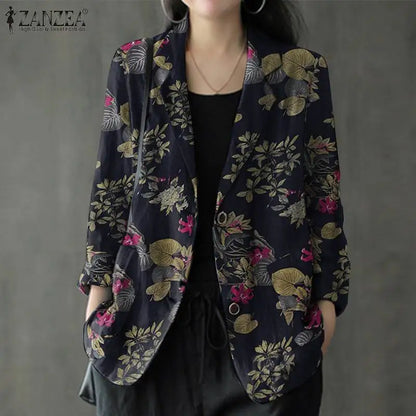 Women Cotton Blazer Vintage Lapel Neck Long Sleeve Thin Coats Autumn Elegant Work Suit Retro Floral Printed Loose Outwear