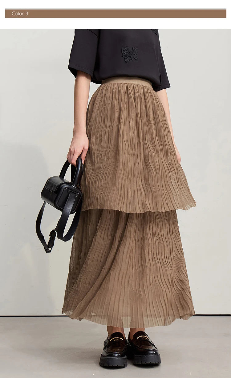 Long Skirt 2026 Spring New Casual Vacation Waist Pleated Mesh Long Skirt Women Loose Solid Versatile Woman Clothes 12621001