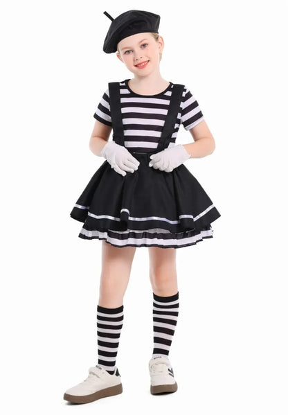 Mime Costume Clown Cosplay Clothing Girls Stage Performance Skirt T-shirt Hat Gloves Halloween Carnival Party Suit ﻿