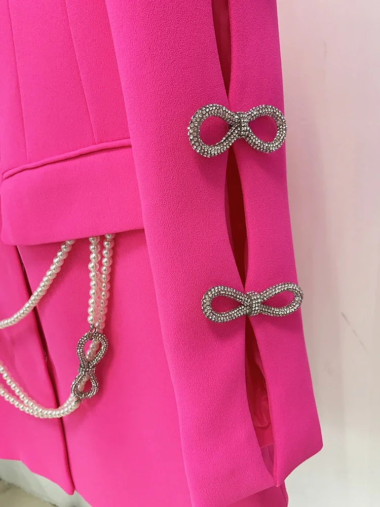 HIGH STREET Newest 2026 Designer Stylish Fashion Women's Pearls Chain Diamonds Beaded Hollow Out Bow Sleeve Blazer Dress