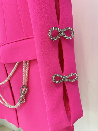 HIGH STREET Newest 2026 Designer Stylish Fashion Women's Pearls Chain Diamonds Beaded Hollow Out Bow Sleeve Blazer Dress