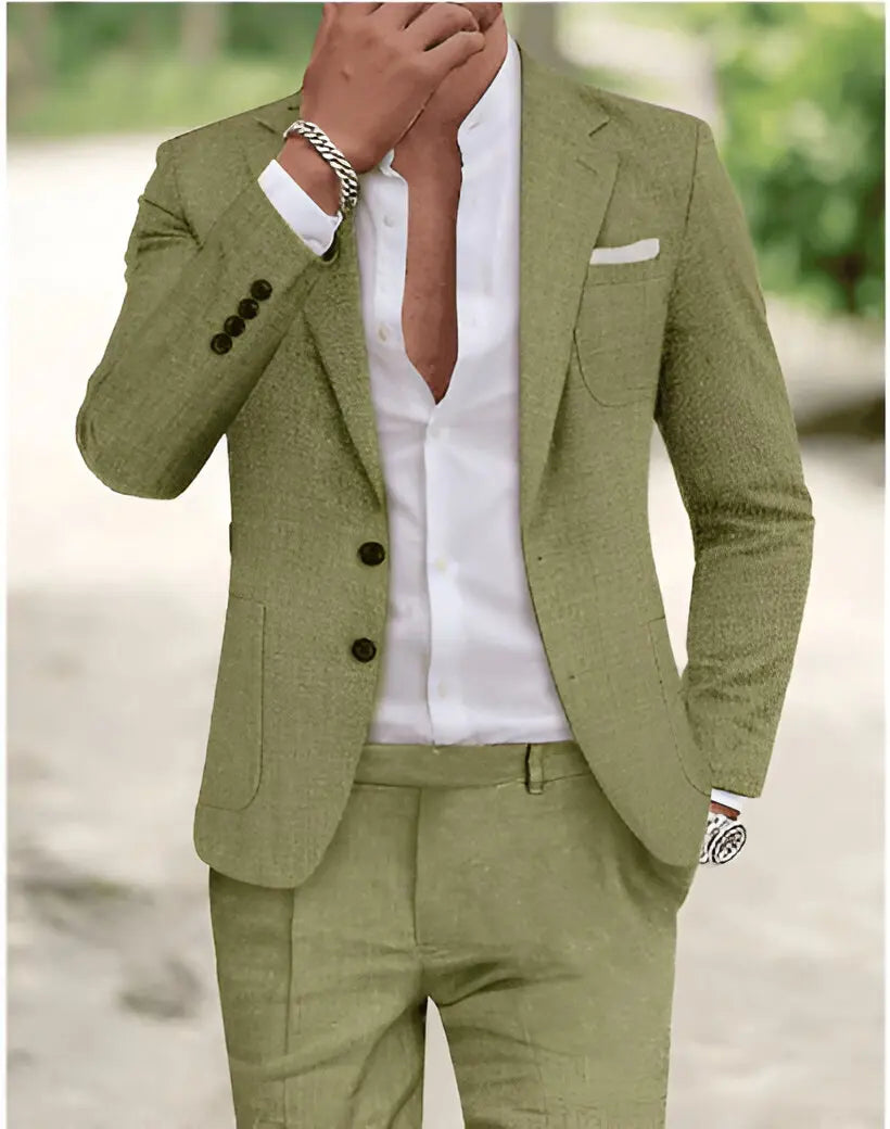 2 Pieces Linen Men Suits for Summer Beach Notch Lapel Slim Fit Two Buttons Groom Tuxedo Sets Blazer with Pants Custom Made