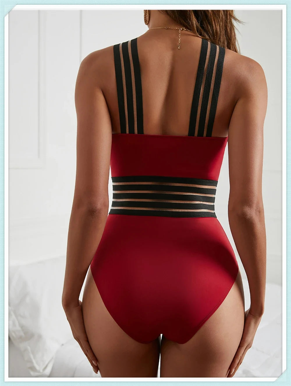 Solid Mesh Tape Swimsuit 2026 One Piece Sexy High Neck Swimwear Women Cross Front Bathing Suit Female Padded Beachwear Bodysuit