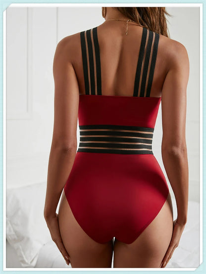 Solid Mesh Tape Swimsuit 2026 One Piece Sexy High Neck Swimwear Women Cross Front Bathing Suit Female Padded Beachwear Bodysuit