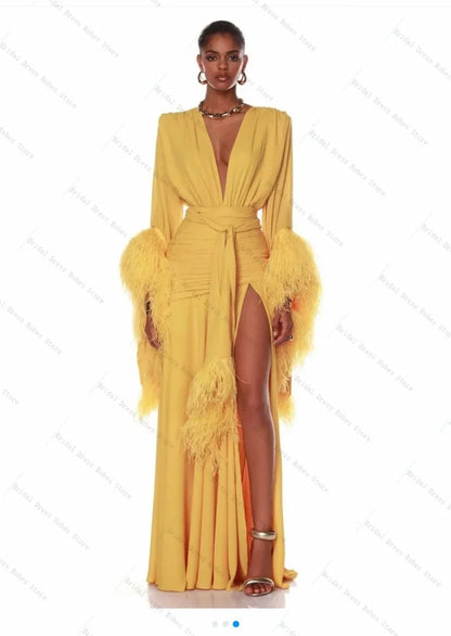 Yellow Feather Women Pregnant Prom Dress For Photo Shoot Sexy V Neck Night Gown Bridal Morning Robe Customized Long Party Skirt