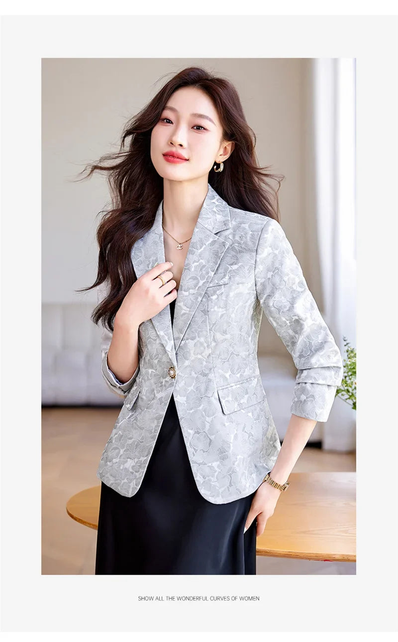 Women Blazer Office Lady 2024 Elegant Slim Notched Women Blazers Jackets Button Long Sleeve Decorative Pattern Female Suit Coat
