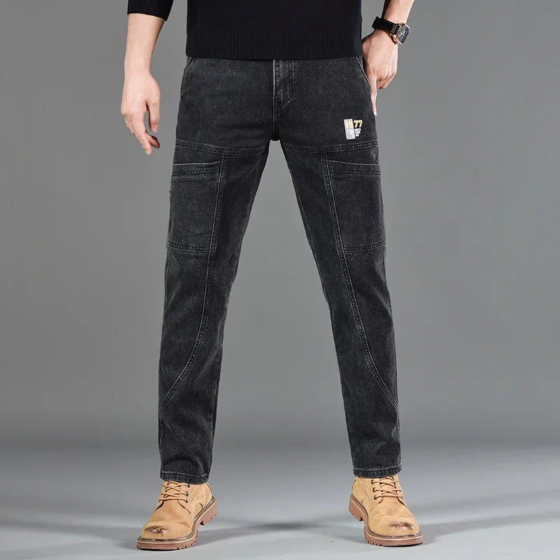 2026 New Style Jeans Men's Slim Fit Korean Style Comfortable Straight Leg Elastic Gray Mid Waist Pants Men's Casual Denim Pants