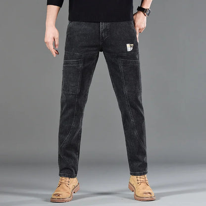 2026 New Style Jeans Men's Slim Fit Korean Style Comfortable Straight Leg Elastic Gray Mid Waist Pants Men's Casual Denim Pants