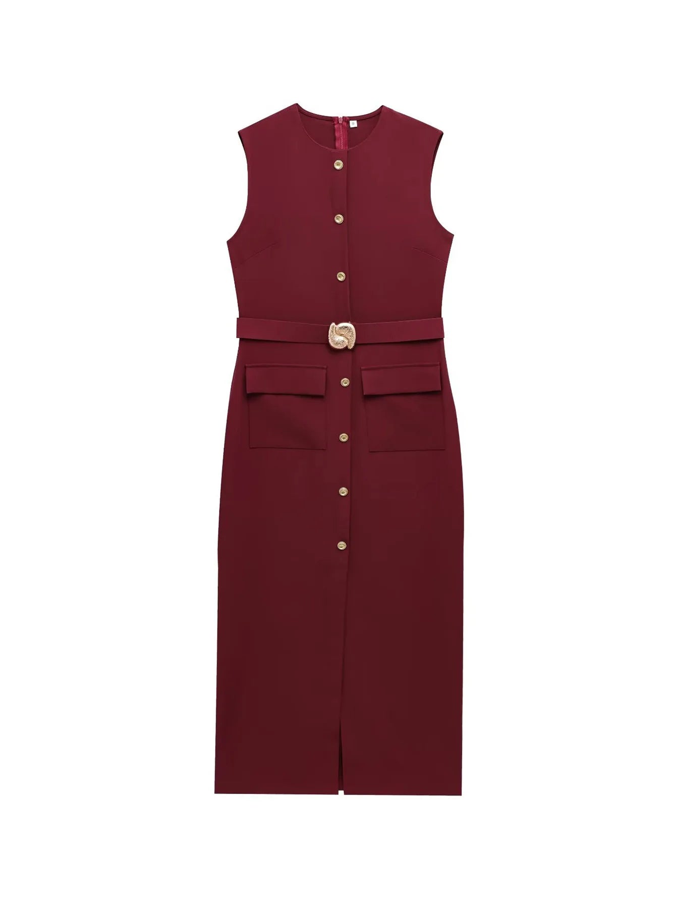Female Summer Elegant Midi Dress O-Neck Hem Slit With Belt Sleeveless Single Breasted Back Zipper Fashion Long Dress