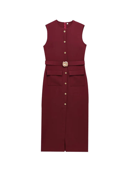 Female Summer Elegant Midi Dress O-Neck Hem Slit With Belt Sleeveless Single Breasted Back Zipper Fashion Long Dress