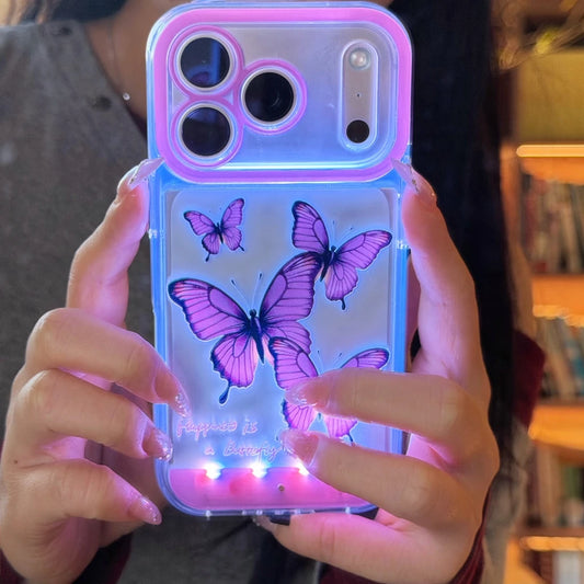 5 Color Change Luminous Call Light Up Flash Romantic Purple Butterfly Phone Cover Case for iPhone 17 16 15 14 13 Pro Max Plus