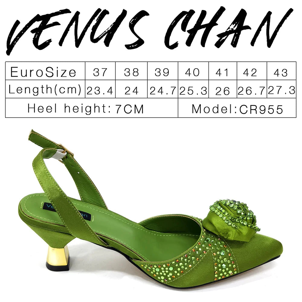 Sparkling Rhinestone Rose Pumps With Medium Heel for Nigerian Women's Party, Pointed Toe Shoes and Matching Bags