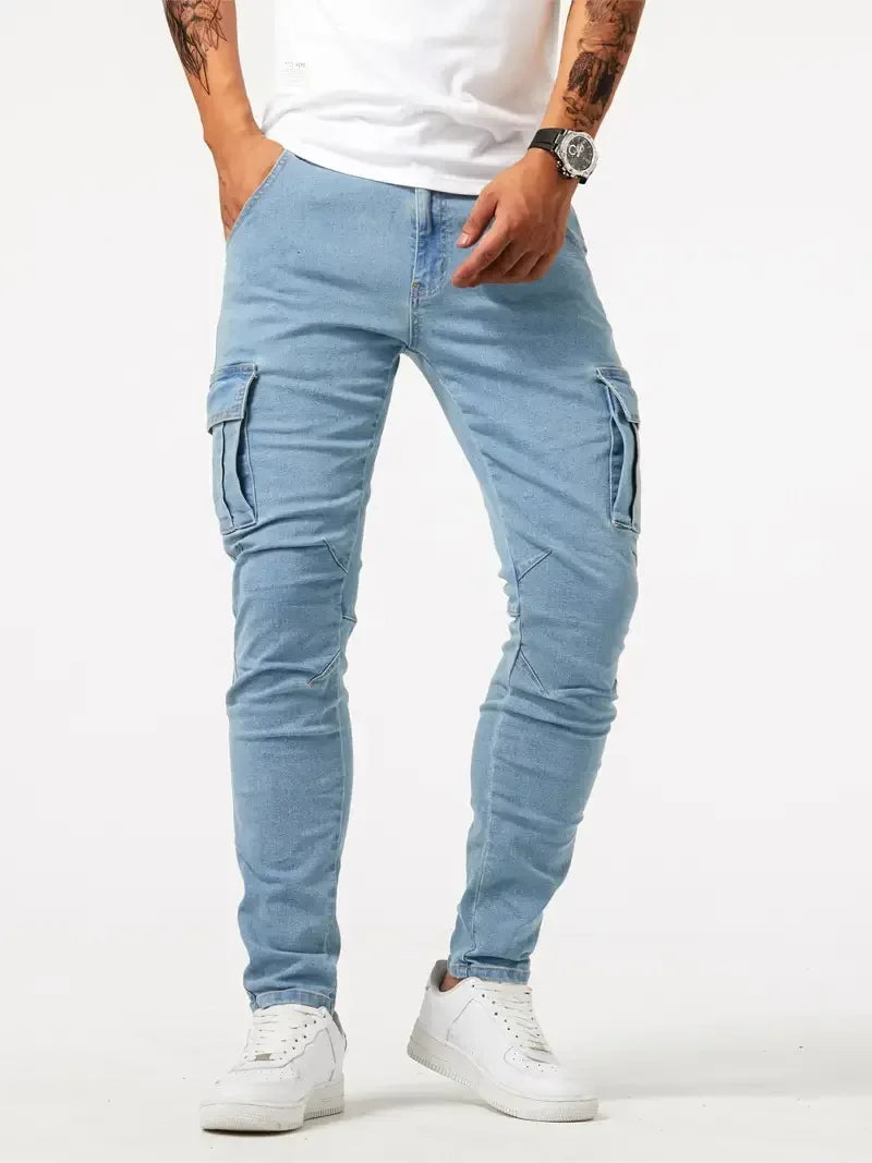 Street Elastic Jeans Men Denim Cargo Pants Wash Solid Color Multi Pockets Casual Mid Waist Trousers Slim Fit Daily Wear Joggers