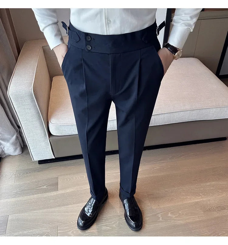 Autumn Winter High Waist Business Dress Pants Men Casual Belt Design Slim Suit Pants Formal Wedding Social Party Male Trousers