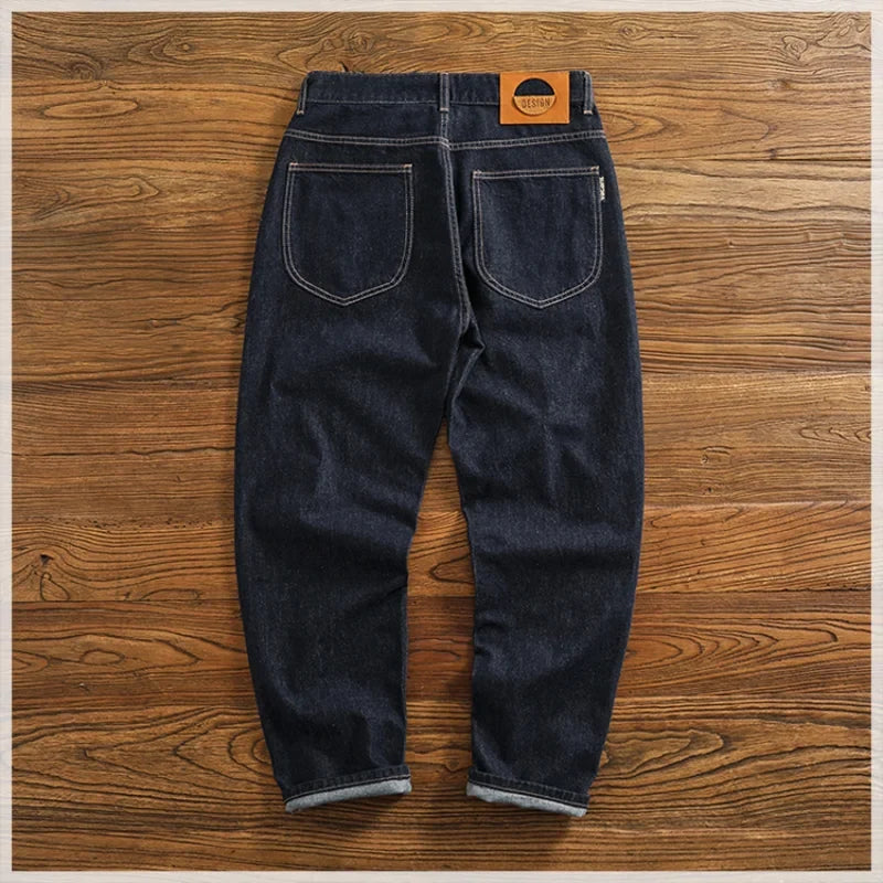 Anti-fading solid color general wash primary color denim jeans men's dark American casual loose straight cone pants