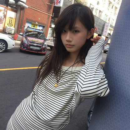 Karrram Japanese Y2k Long Sleeve Striped T-shirt 2000s Lazy Style Knitted Tops Vintage Harajuku Knit T Shirt American Retro 90s