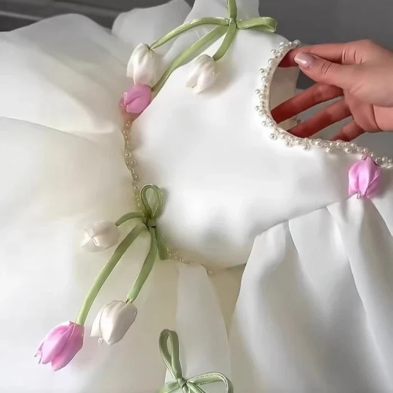 2026 New Children Girls Formal Dress Puff Sleeve Princess Gown Flower Girl Kids Floral Tulle Tutu Elegant Pageant Summer Costume