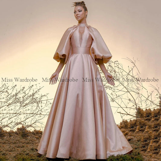 Elegant A Line Evening Dress High Neck Puff Sleeves Prom  Floor Length Formal Party Gowns Vestidos De Fiesta