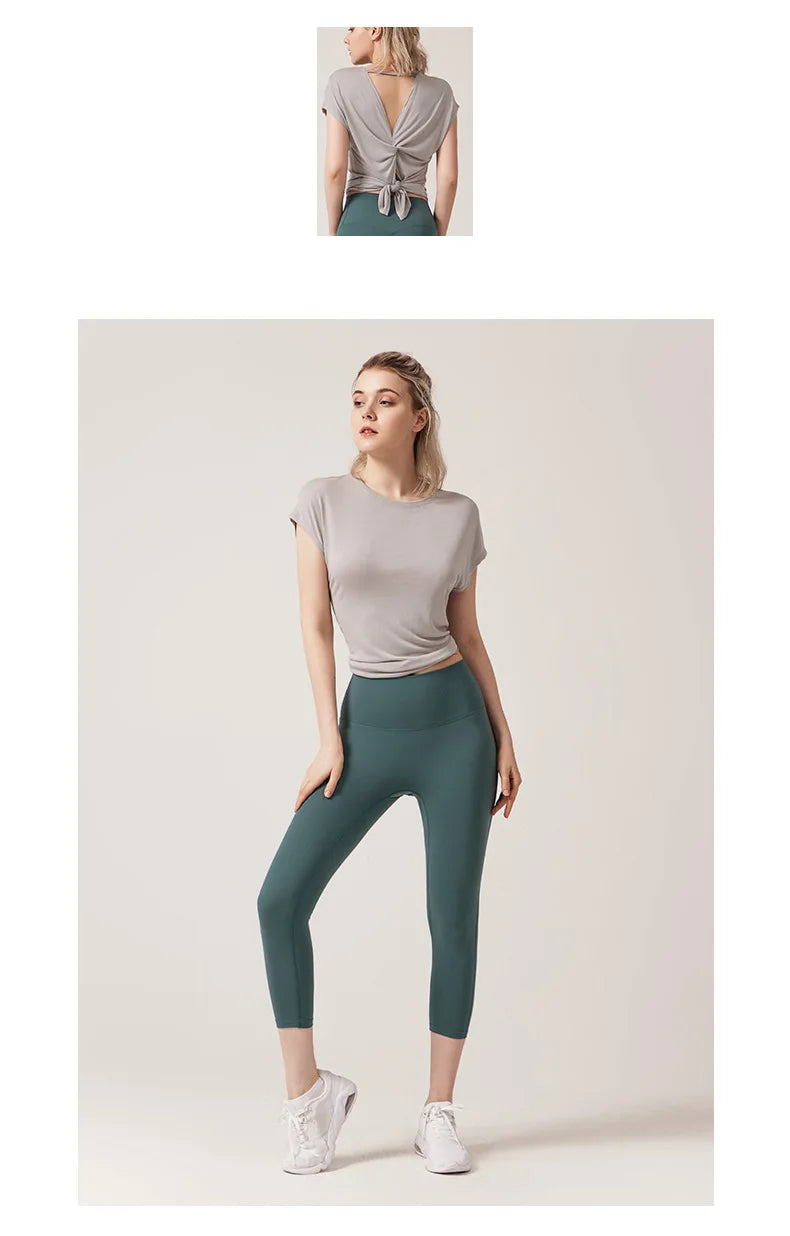 Women's Split Side Yoga Top Sexy Open Back Fitness T-shirt Loose Fit Workout Tee Running Sports Cover Gym Wear Woman Clothing