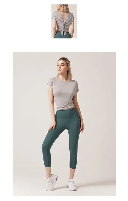 Women's Split Side Yoga Top Sexy Open Back Fitness T-shirt Loose Fit Workout Tee Running Sports Cover Gym Wear Woman Clothing