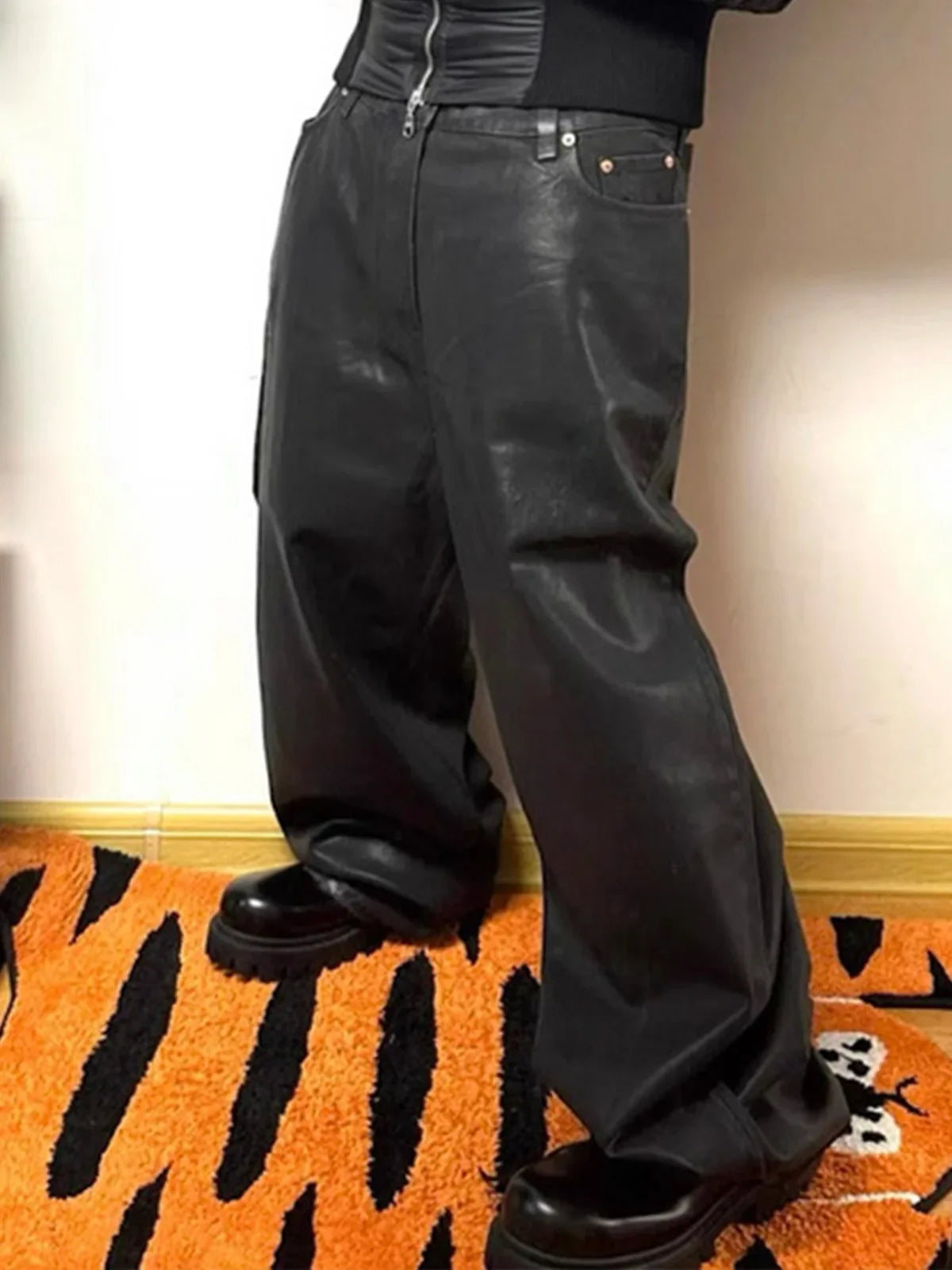Men's Jeans Cotton Denim Casual Straight Leg Brush Wax Coating Black Pants ZJ086
