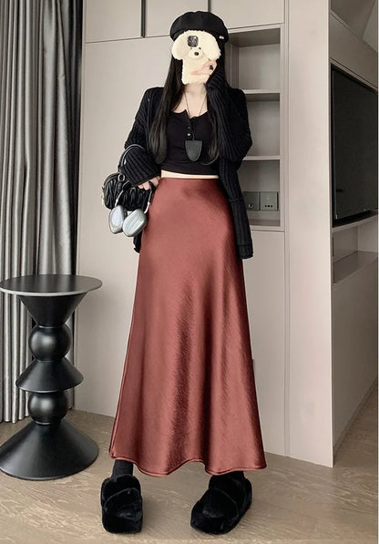New Autumn Winter Solid Satin Silk Mermaid Skirt Women Fashion High Waist Office Ladies Work Warmth Party Long Maxi Skirt
