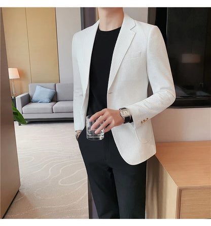Plus Size 4XL-M Autumn New Waffle Suit Jacket Men Two Buttons Slim Fit Business Casual Blazers Homme Formal Groom Prom Tuxedo