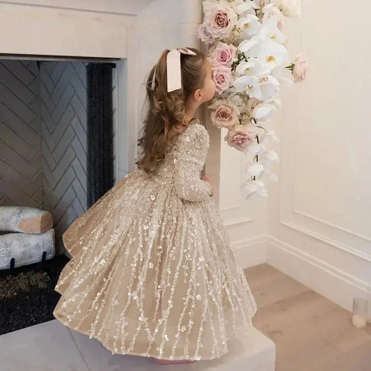 Custom Flower Girl Dress First Christmas Dress Wedding Party Gown Blush Pink Sequin Lace Long Sleeve Kids Evening Dress فسات