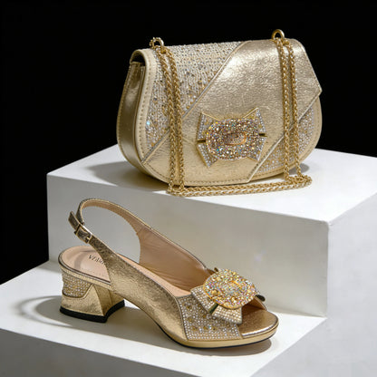 2026 Elegant Women's Rhinestone Peep Toe High Heels Sandals - Italian Design with Matching Bags in Brown Color
