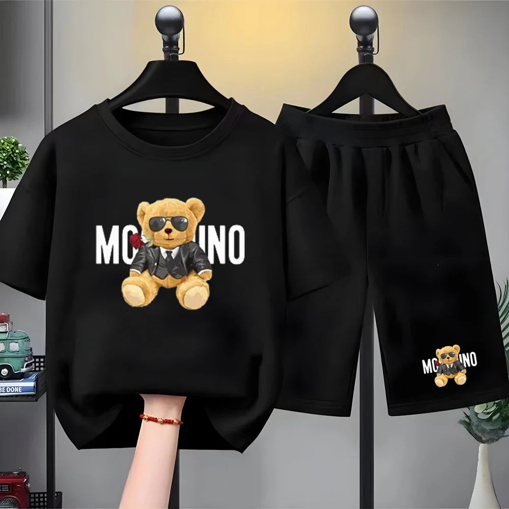 Fashion Letter Bear Print Children Summer Clothing Tshirt+Shorts Black Boy Girl Red Toddler 3-12Yrs Leisure Short-Sleeved Set