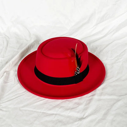 NEW Vintage Pork Pie Hat Mens Rolled Brim Felt Fedora Hat with Feather Gentleman Trilby Jazz Hats