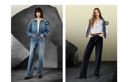 Women Denim Jeans 2025 Autumn New Lycra Stretch Straight Wide Leg Long pants