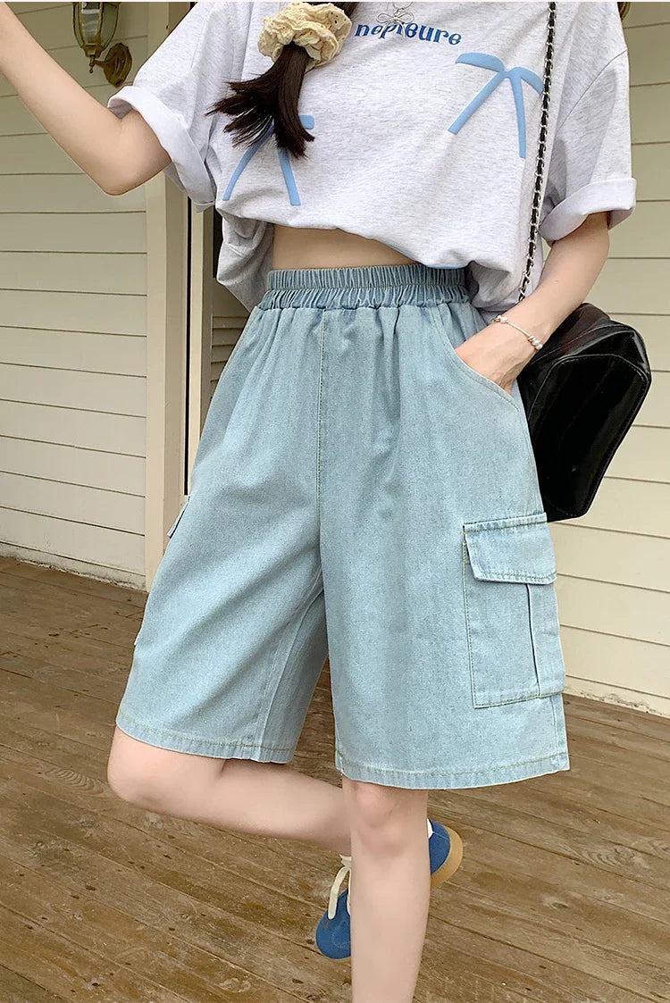 2026 Summer New Women's Denim Shorts Straight Trendy Loose Versatile Dad Shorts Thin Japanese Style Knee-length Pants