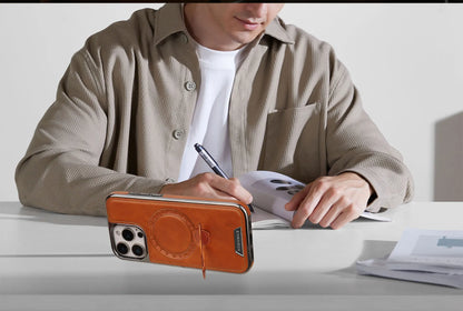 360 Rotating Bracket Luxury Magnetic Leather Phone Case For iPhone 16 17 Pro Max 15 14 13 12 Magsafe Wireless Charging Cover