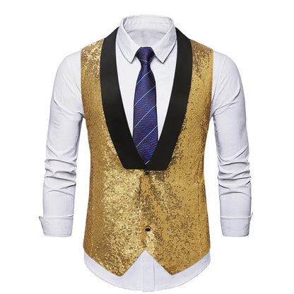 Men's Gold Sleeveless Blazer, Round Sequin-embellished Blazer Jacket, Perfect for Weddings, Parties, DJ Events, and Nightclubs.